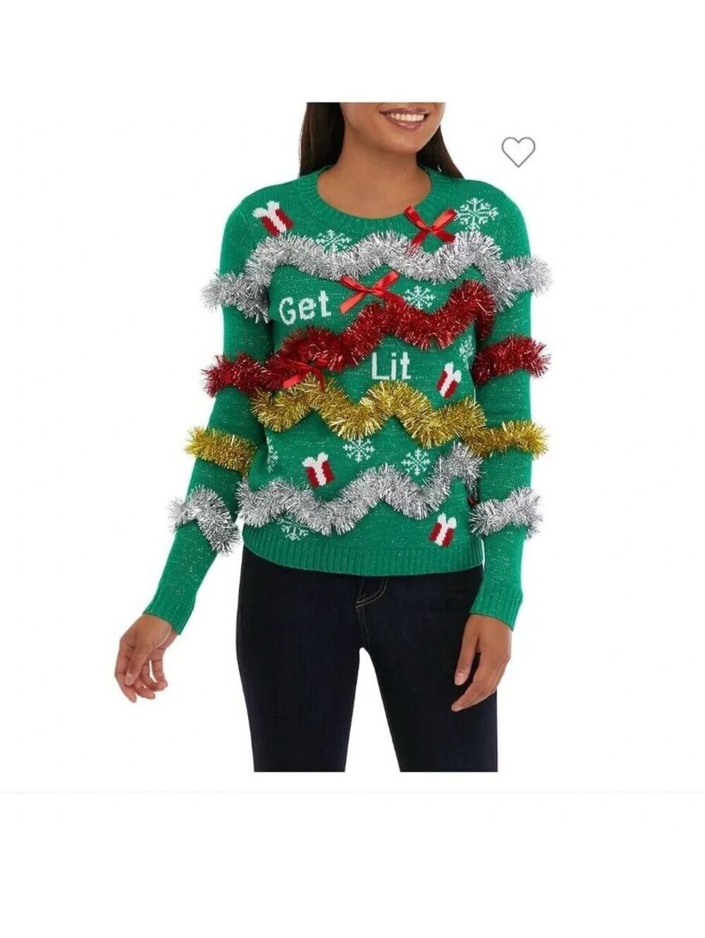 Joyland “Get Lit” Ugly Christmas Sweater Green Tinsel Tacky Holiday Pullover M